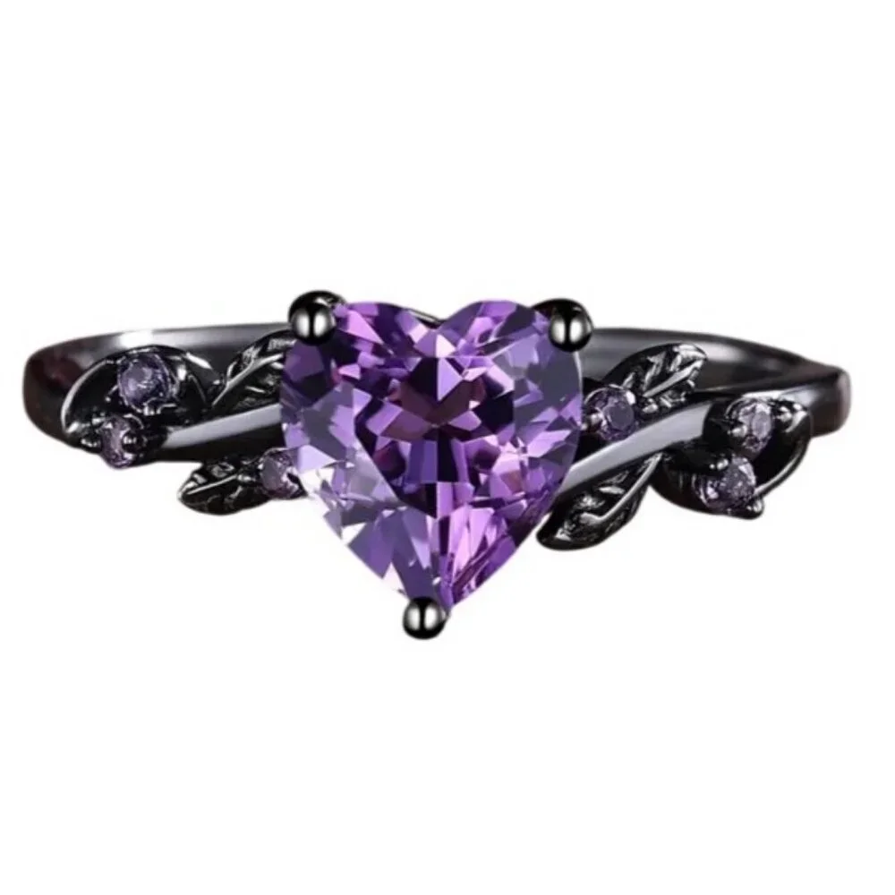 Heart Cut Amethyst & Moissanite 2 piece engagement wedding ring set in rhodium